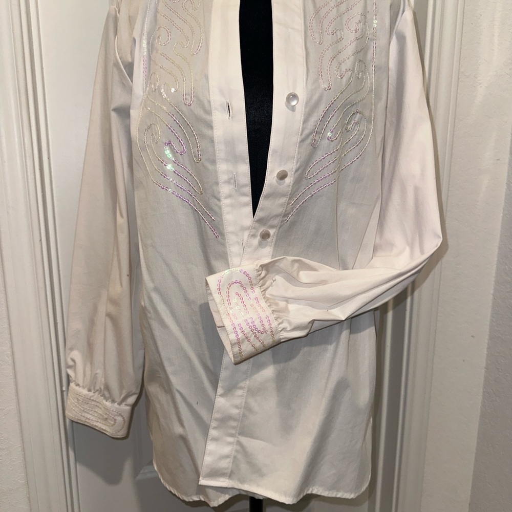 Bob Mackie Wearable Art Sequin White Button-Up Shirt with Pink Embellishments